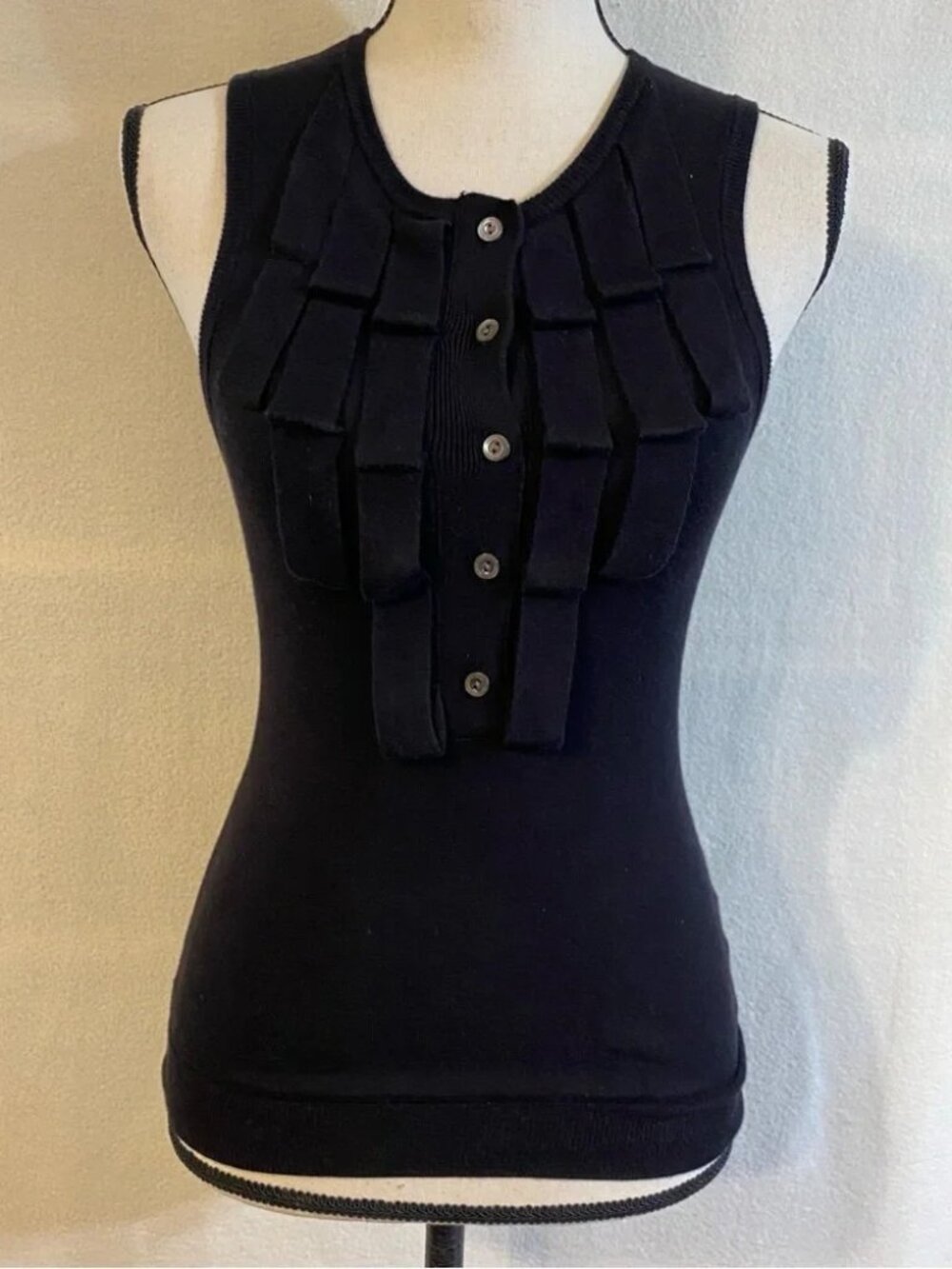 Trina Turk black fine knit ruffle loops sleeveless shell top